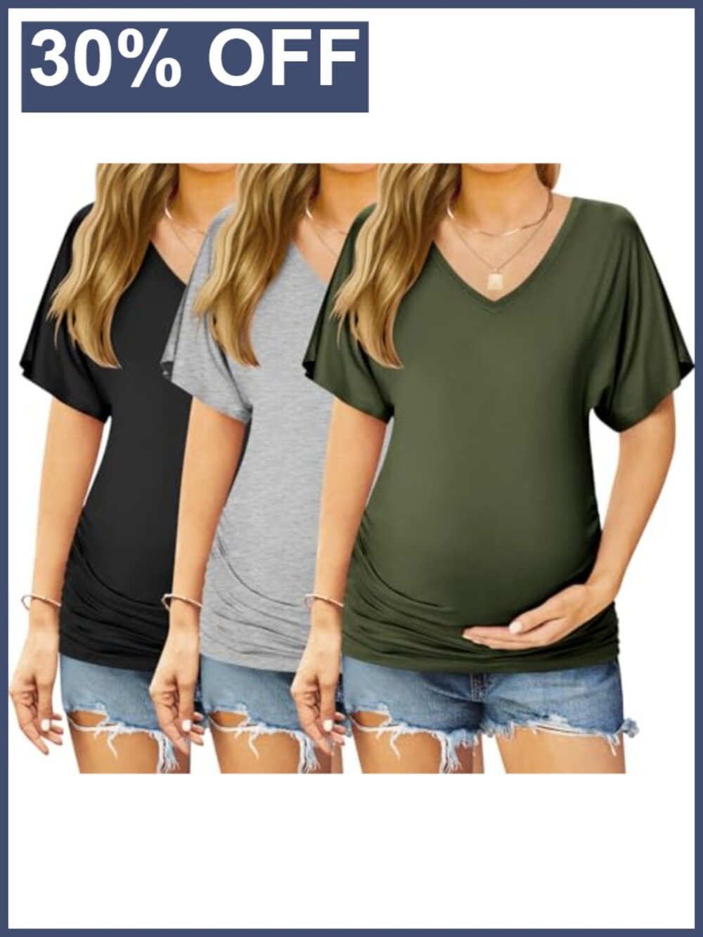 3 Pack Maternity V Neck Ruched Side Tops Dolman Short Sleeve Pregnancy Shirts